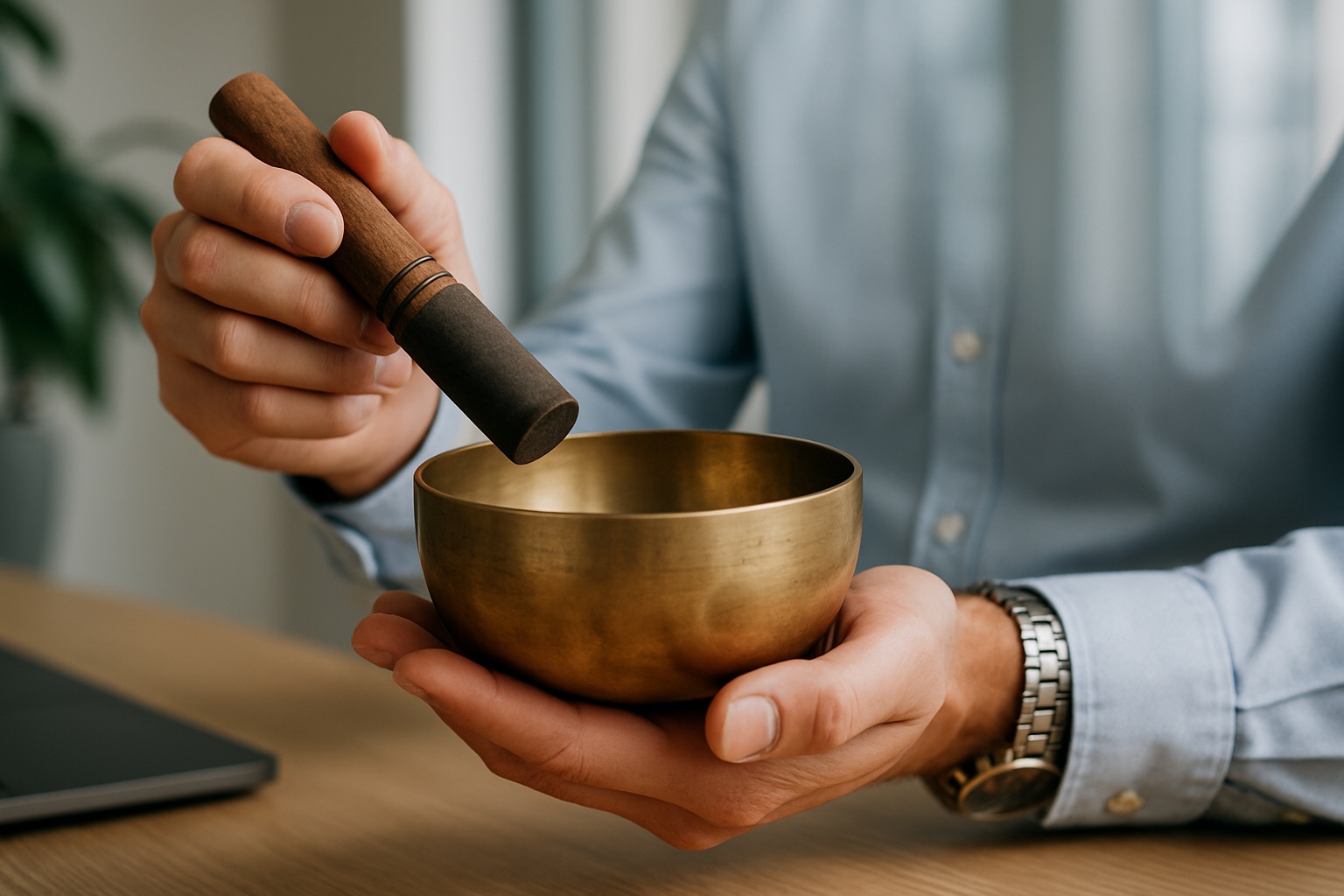 Business-Situation mit Klangschale: Person im blauen Hemd hält Klangschale neben geschlossenem Laptop – Firmenangebote und betriebliche Entspannung in Frankfurt Oder