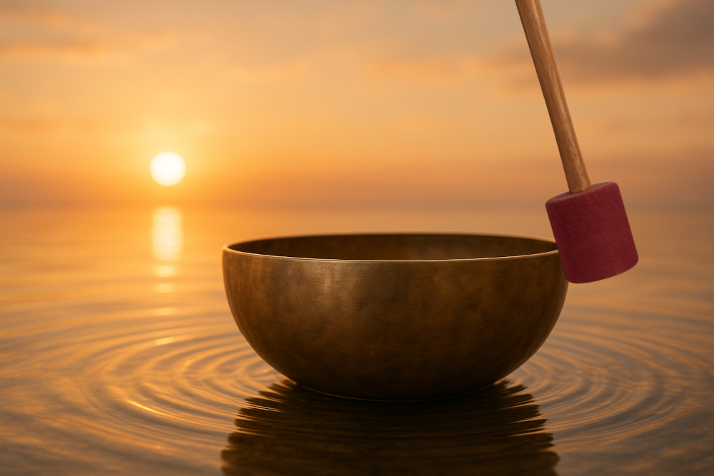 Klangschale schwimmt im Wasser vor einem warmen Sonnenuntergang, sanfte Klangkreise breiten sich aus, ein Schlägel berührt behutsam die Schale – stimmungsvolles Bild für die Kontaktseite