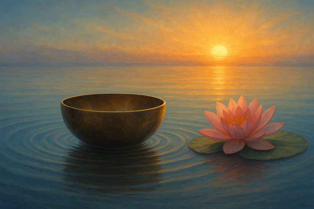 Klangschale schwimmt im Wasser vor einem warmen Sonnenuntergang, sanfte Klangkreise breiten sich aus, daneben liegt eine Lotusblüte – stimmungsvolles Bild für den Blogbeitrag von Klangraum Zauberland