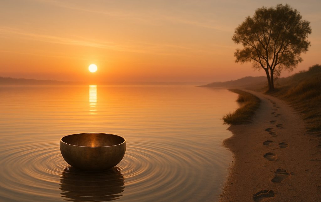 Klangschale schwimmt auf ruhigem Wasser vor warmem Sonnenuntergang – Symbolbild für Entspannung, Klangreisen und Achtsamkeit in Frankfurt Oder