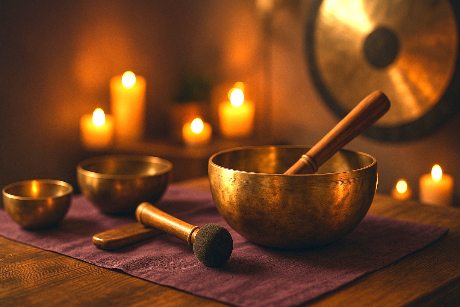 Klangschalen im Vordergrund mit Gong und Kerzen im warmen Licht – Klangbehandlung und Klangmassage in Frankfurt Oder