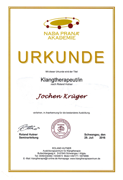 Zertifikat Ausbildung zum Klangtherapeuten – Joey Krüger