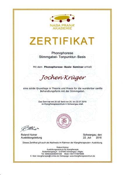 Zertifikat Tonpunktur mit Stimmgabeln von Joey Krüger