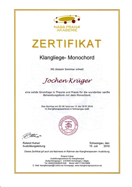 Zertifikat Monochord und Klangräume von Joey Krüger