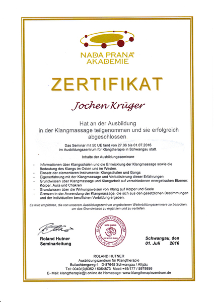 Zertifikat über die Ausbildung in Klangmassage von Joey Krüger