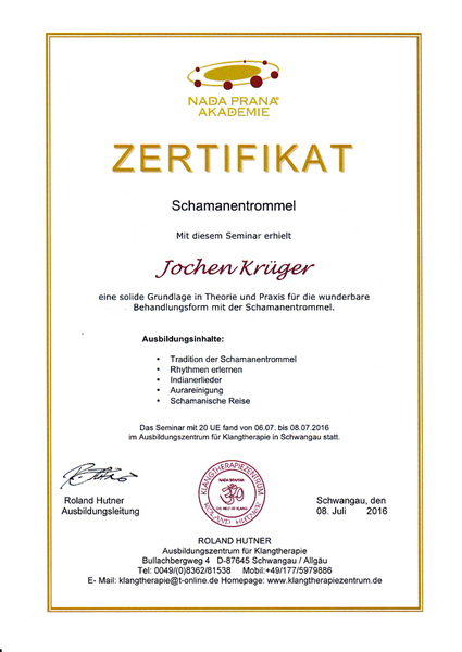 Zertifikat Schamanische Trommel von Joey Krüger