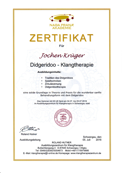 Zertifikat Didgeridoo in Therapie und Gruppenarbeit von Joey Krüger