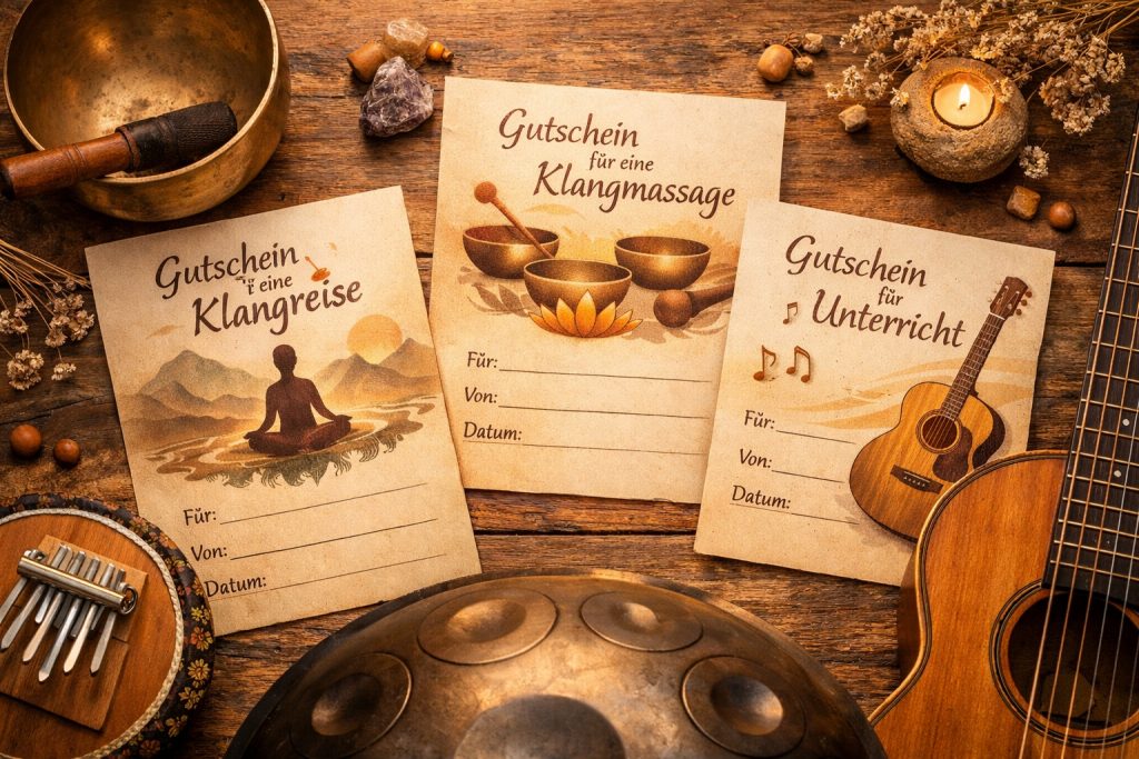 Drei Klanggutscheine für Klangreise, Klangmassage und Unterricht, arrangiert mit Klanginstrumenten auf einem Tisch